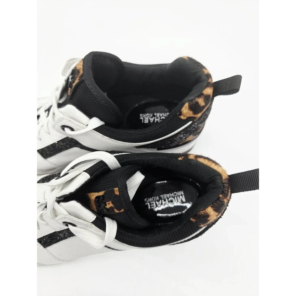 Michael Kors White Cheetah Knit Trainer Black Size 9M Black Leather Wedge‎ Shoes